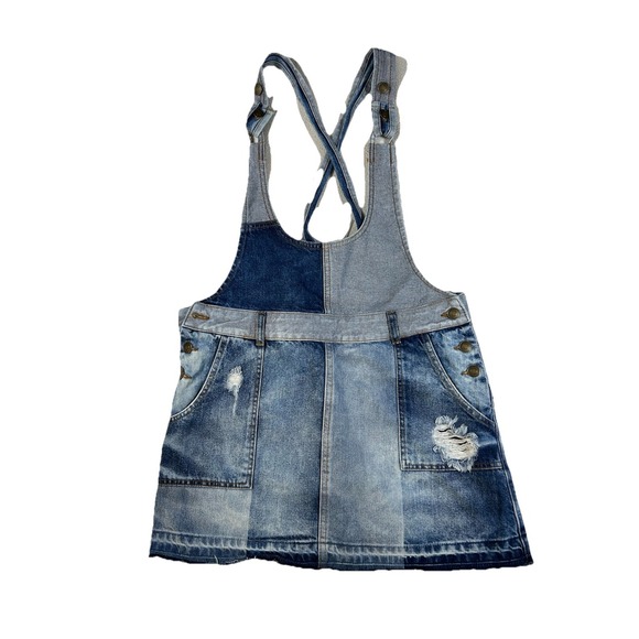 Free People Denim - Free People Patchwork Denim Overalls Dress Mini Frayed Hem Blue Western Size 12